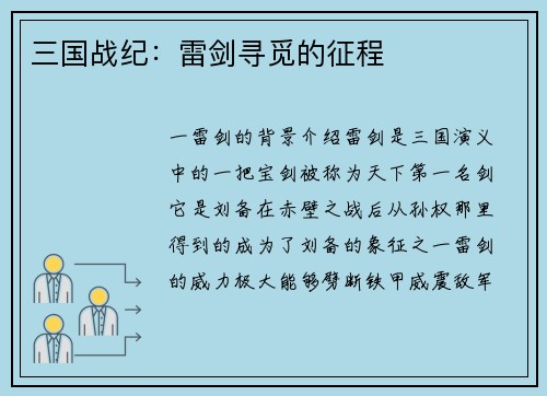 三国战纪：雷剑寻觅的征程